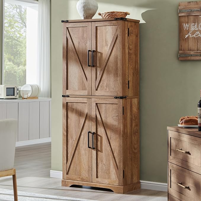 72" Tall Wooden Pantry Storage Cabinet with Door Shelves & Drawer | Farmhouse, Barn Doors, Adjustable Shelves, Freestanding, Anti-tip Kit, for Kitchen, Dining Room, Living Room