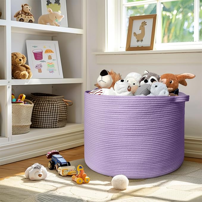 115L Extra Large Purple Storage Basket, 23.6" X 15.7" Jumbo Woven Cotton Rope Bin for Throw Blankets Pillows, Baby Laundry Basket, Dirty Clothes Organizer, Big Storage Box for Toys, Towels