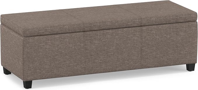 SIMPLIHOME Avalon Storage Ottoman Bench - 48" Wide x 16" High Upholstered Linen Look Fabric Rectangular Lift-Top Ottoman in Fawn Brown, Contemporary Bench for Living Room with High-Density Foam