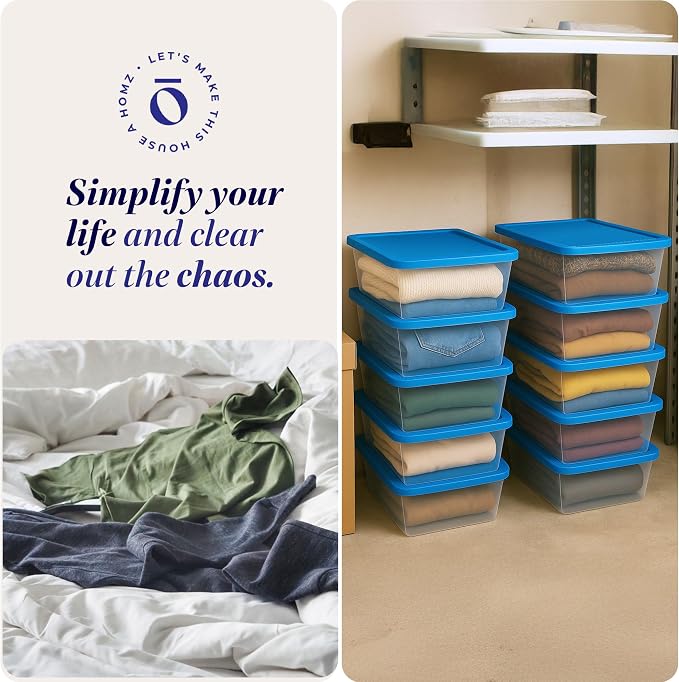 HOMZ Snaplock Clear Plastic Bin 6 Qt./1.5 Gallon | Storage Tote with Secure Lid | for Home, Office, Garage, Dorm Room Organizer | Stackable & Nestable | Blue Lid, Pack of 10