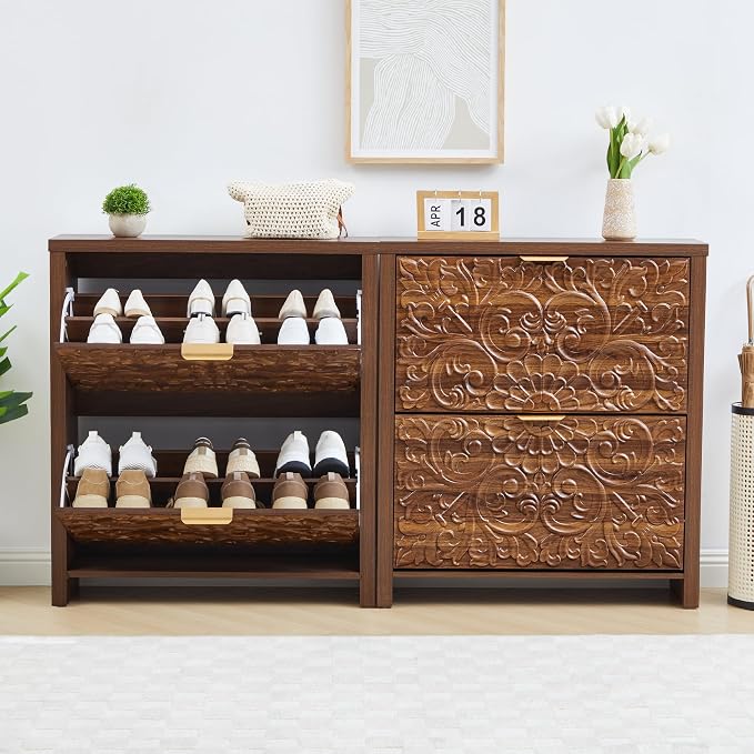 weselon Shoe Cabinet with Flip Drawers, Narrow Shoe Storage Cabinet, 2-Tier Hidden Shoe Organizer with Carved Floral for Entryway, Mid-Century Modern Slim Shoes Storage for Hallway Foyer (1, Walnut)