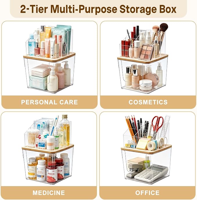 2 Tier Disposable Facial Towel Holder with 2 Q-tip Holders & Clip | 2-in-1 Facial Towels Storage and Cosmetic Organizer with Banboo Lid,Skincare Organizer for Vanity, Bathroom Countertop,Dorm