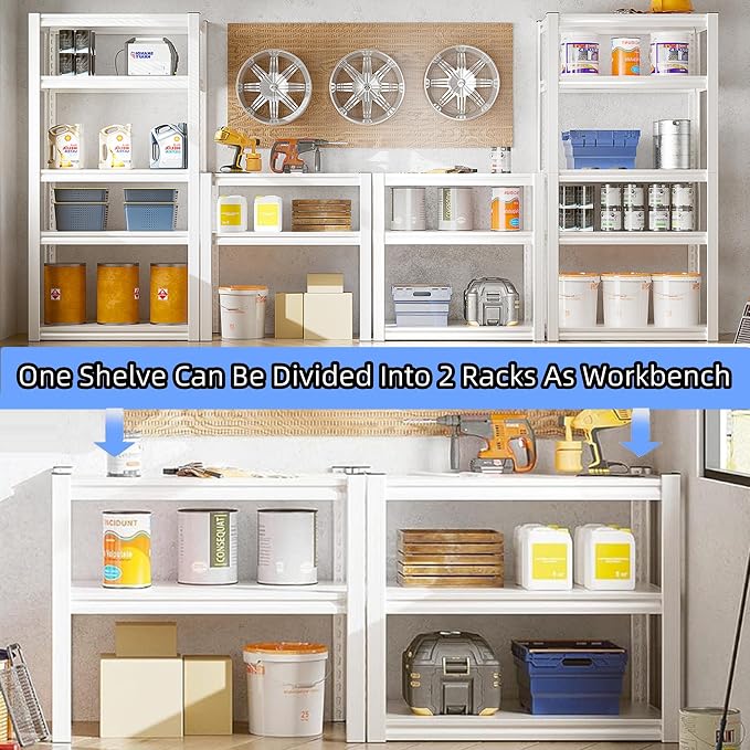 5 Tier Metal Storage Shelves Adjustable Garage Shelving, Heavy Duty Industrial Utility Rack Organization for Kitchen, Pantry, Closet, Garage, Office (White)