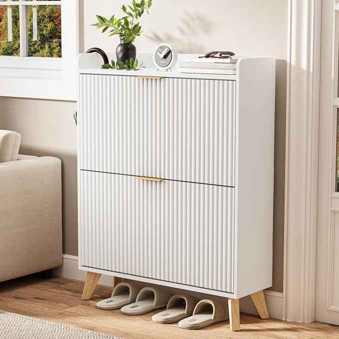 Slim Shoe Storage Cabinet for Entryway, 2 Flip Drawers Wooden Organizer with Fluted Panel, Secure Fence Top for Plants & Decor, Hidden Shoe Storage for Hallway & Foyer (White)