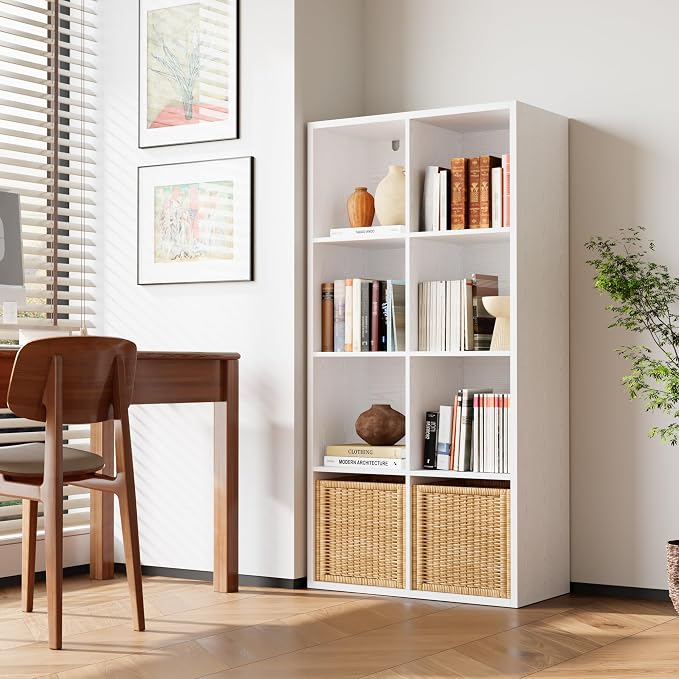 IRONCK Bookshelf, 8-Cube Storage Cube Shelf Organizer, Extra Thick Frame Horizontally & Vertically Reversible Bookcase with Open for Living Room, Bedroom, Home Office, White