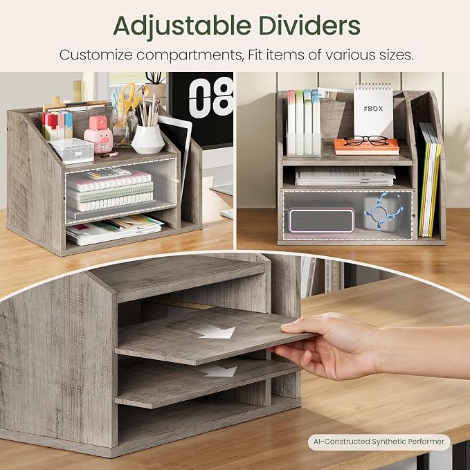 Wooden Desk Organizer with Adjustable Partitions, Multi-Layer Desktop File Holder for Home Office, Paper & Stationery Storage Organizer, Greige MWJ04FH
