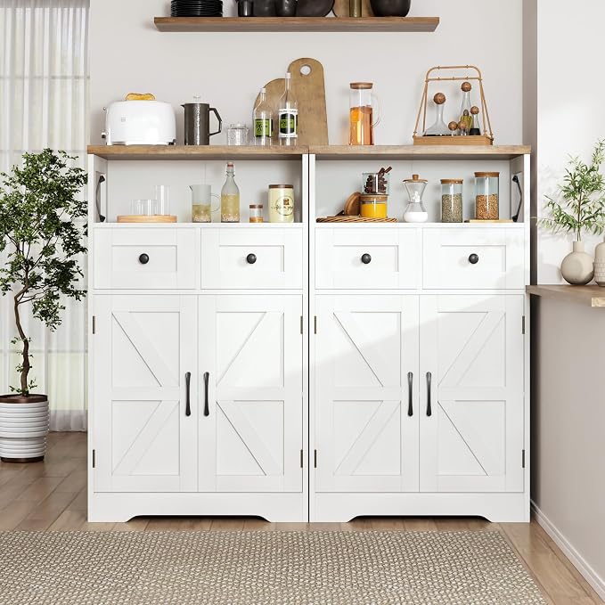 Farmhouse Storage Cabinet with Drawers, Small Kitchen Pantry Cabinet, White | Accent Coffee Bar Cabinet Cupboard, 2 Drawers, 2 Barn Doors & Adjustable Shelves, for Kitchen/Entryway/Living Room/Bathroom