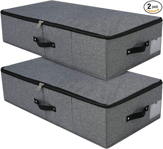 Under Bed Storage Bins with Lids, Closet Organizers, Foldable Under-bed Storage Baskets for Sheets, Clothes, Quilts, Sweaters, Wrapping Paper, 29x15x7inch, Black Gray, 2PCS