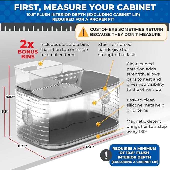 2-Tier Lazy Susan Pantry Organizer – Steel Reinforced Turntable for Kitchen Cabinets & Pantry Storage – Heavy-Duty Can Organizer Holds Up to 30 lbs – Rotates 360° – Includes 2 Bonus Bins