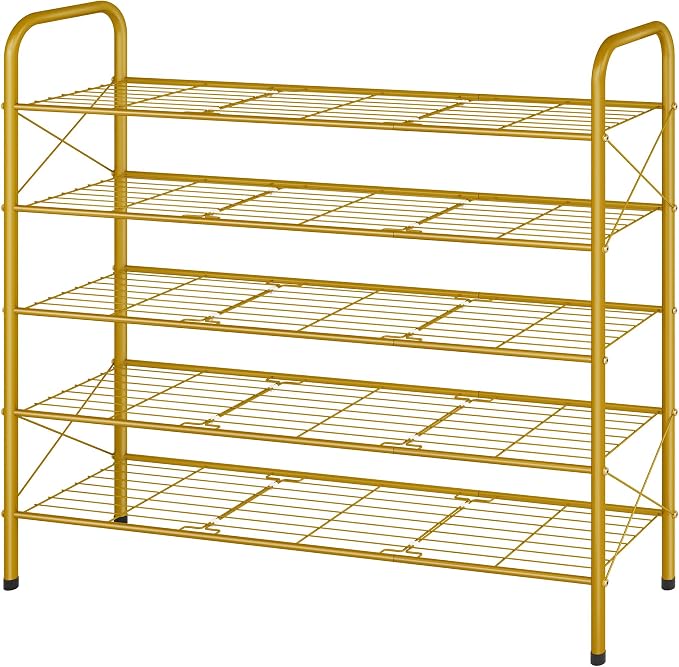 Hoctieon 5 Tier Shoe Rack for Closet, Durable Mesh Style Shoe Rack, Entryway Shoe Shelf, Shoe Storage Organizer for Hallway, Bedroom, Living Room, Wardrobe, Gold