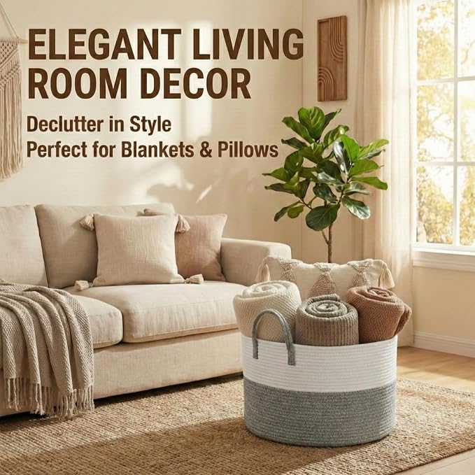 JMvicyroam 65L Extra Large Machine Washable Cotton Rope Blanket Basket | Collapsible laundry hamper, Reinforced handles, For blankets, pillows, toys and clothes, Living room and bedroom, White&Grey