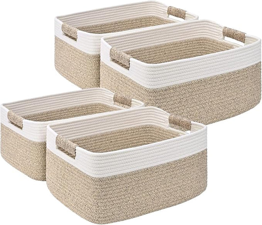 4 Pack Large Storage Basket for Organizing, 17.5"x13"x7" Woven Basket for Shelves, Closet Cube Storage Bins with Wrapped Handle, Cotton Rope Baskets for Kitchen, Clothes, Toys(Off White & Brown)