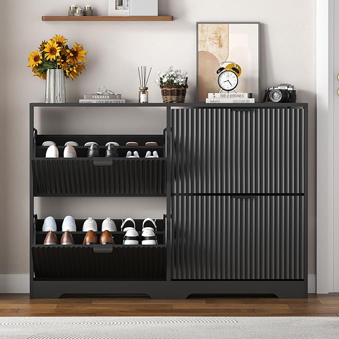 HUANLEGO Shoe Cabinet Storage for Entryway with 4 Flip Drawers, Black Fluted Shoe Cabinet with Adjustable Shelves, Wooden Hidden Shoe Rack Freestanding Narrow Slim Shoes Storage for Hallway, Entrance