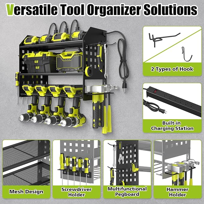 SUNALLY Power Tool Organizer Wall Mount with Charging Station,3 Layer,Black | Metal Tool Storage Rack with 4 Drill Holders, Heavy Duty Power Tool Shelf for Garage,Warehouse,Workshop, Gift for Men,Husband