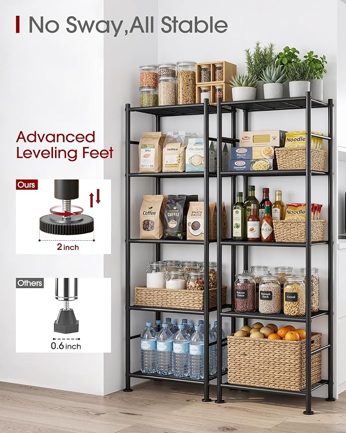 Sakugi Storage Shelves - Set of 2, 5-Tier Metal Shelf Organizer, Space-Saving Garage Shelving with Leveling Feet, Standing Shelves Organizer for Kitchen, Laundry, Pantry (18.4" x 12.6" x 57.4", Black)