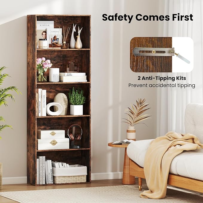 Giantex 5-Tier Bookshelf Set of 2, Freestanding Bookcase with 5 Open Shelf, Modern Display Shelf, Storage Organizer for Living Room Bedroom Home Office, Rustic Brown