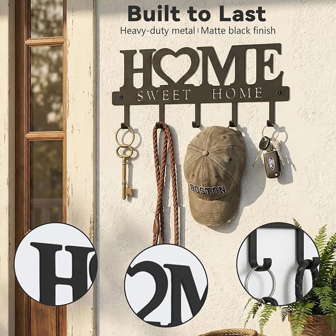 Entryway Key Holder Wall Mount with 5 Hooks, 13" Metal “Sweet Home” Key Rack Organizer for Wall, Decorative Key Hanger for Entryway, Hallway & Mudroom, Housewarming Gift, Black