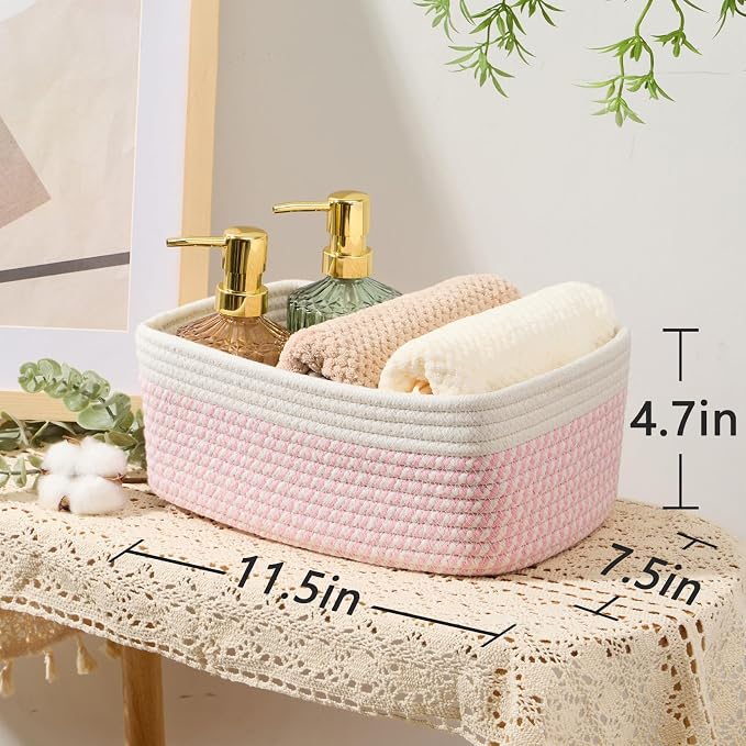 MiniArk Small Storage Baskets for Organizing | Closet Organizer Bins | Shelf Toy Basket | Woven Rope Baskets | Cube Decorative Box | Shallow Basket | 11.5x7.5x4.7” | 3 Packs White Pink