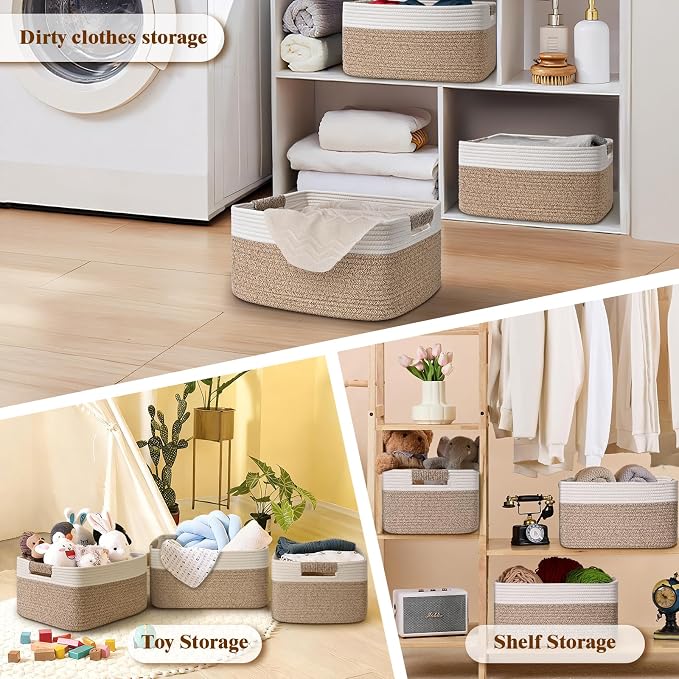 2 Pack Large Storage Basket for Organizing, 17.5"x13"x7" Woven Basket for Shelves, Closet Cube Storage Bins with Wrapped Handle, Cotton Rope Baskets for Kitchen, Clothes, Toys(Off White & Brown)