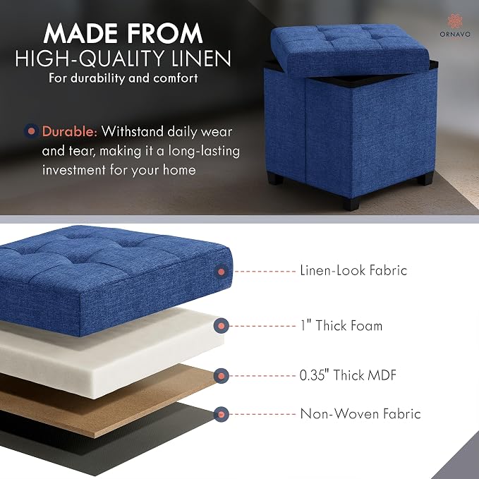 Ornavo Home Square Cube Storage Ottoman with Legs, 15x15x15, Navy Blue | Foot Rest Stool Seat; Holds Up to 600 lbs; Ideal for Living Room, Bedroom, Home Office or Dorm