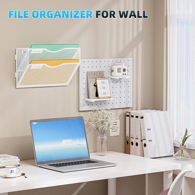 Marbrasse Wall File Holder 2-Tier Hanging Wall File Organizer, Mesh Mail Holder for Papers, Wall Mount File Clipboard & Magazine Organizer Great for Office Home - 2P(White)
