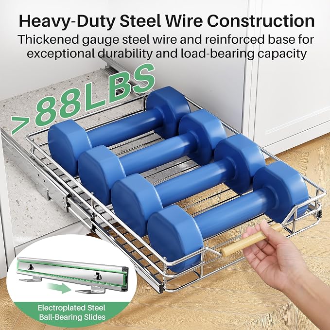 Pull out Cabinet Organizer, 12"W X 21"D, Heavy Duty Smooth Sliding Under Cabinet Shelves for Pots and Pans, Full-Extension Roll out Drawers, Slide out Organization for Home Kitchen Pantry