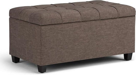 SIMPLIHOME Sienna 33" Wide Vegan Leather Storage Ottoman in Satin Cream | Tanners brown, transitional ottoman with tufting and lift-up lid; rectangle storage bench for living room or entryway.