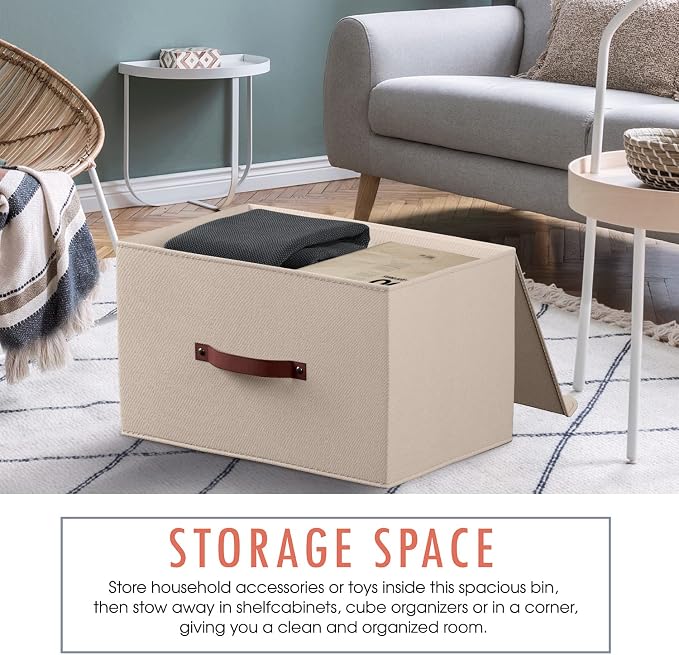 Ornavo Home 3 Pack Collapsible Storage Bins with Lid, 15x10x9, Beige | Foldable Linen Fabric; Faux Leather Handles; Ideal Closet Organizer & Large Storage Box for Clothes and Shelves