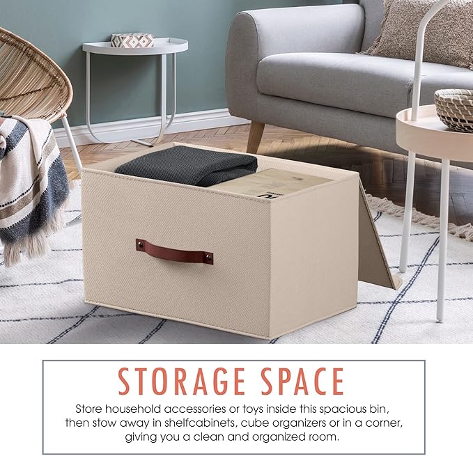 Ornavo Home 6 Pack Collapsible Storage Bins with Lid, 15x10x9, Beige | Foldable Linen Fabric; Faux Leather Handles; Ideal Closet Organizer & Large Storage Box for Clothes and Shelves