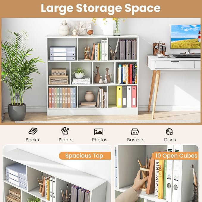 Giantex 10 Cube Bookcase, 4-Tier Freestanding Bookshelf w/ 10 Open Compartments, 2 Anti-Tipping Kits, Modern Display Cabinet, 41" Wood Cubby Storage Organizer for Living Room, Bedroom, White