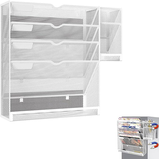 Magnetic File Holder, Magnetic File Organizer Wall Mount, 5 Tier Hanging Mail Organizer Folder Holder, Mesh Desk Accessories and Organizers, Paper Document Magazine Rack with 3 Pen Holder