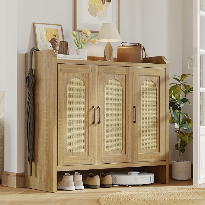 Rattan Shoe Storage Cabinet, Farmhouse Shoe Cabinets Storage for Entryway, Boho Wooden Shoe Rack with 3 Doors for Entryway, Hallway (Natural, 3 Door)