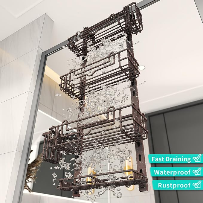 HapiRm 4 Tier Over the Door Shower Caddy, Hanging Shower Caddy with 22 Hooks and 2 Toothbrush Holders, No Drilling Adjustable Hanging Bathroom Organizer - Bronze