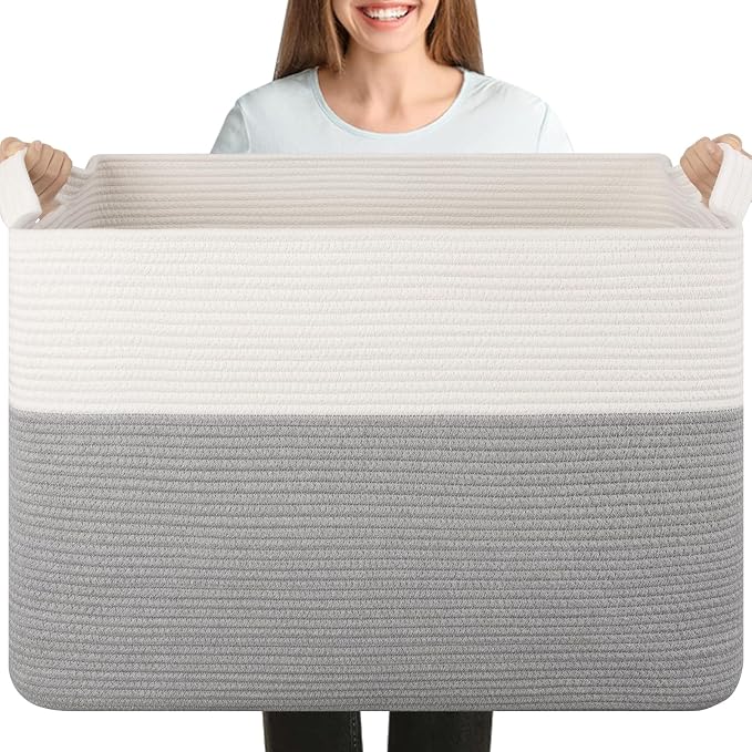 OIASKET 108L Cotton Rope Storage Basket for Living Room and Bedroom 25"x16"x16" Woven Laundry Basket, Heavy Duty Bin for Blankets, Pillows & Toys, Pet-Safe & Scratch-Free, Grey and White