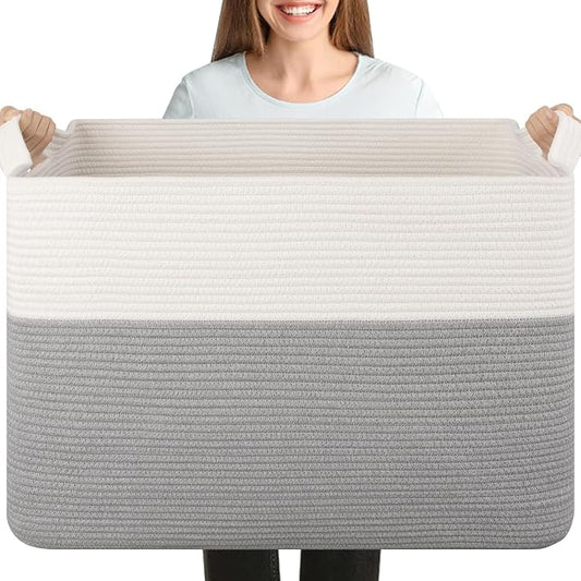 OIASKET 108L Cotton Rope Storage Basket for Living Room and Bedroom 25"x16"x16" Woven Laundry Basket, Heavy Duty Bin for Blankets, Pillows & Toys, Pet-Safe & Scratch-Free, Grey and White