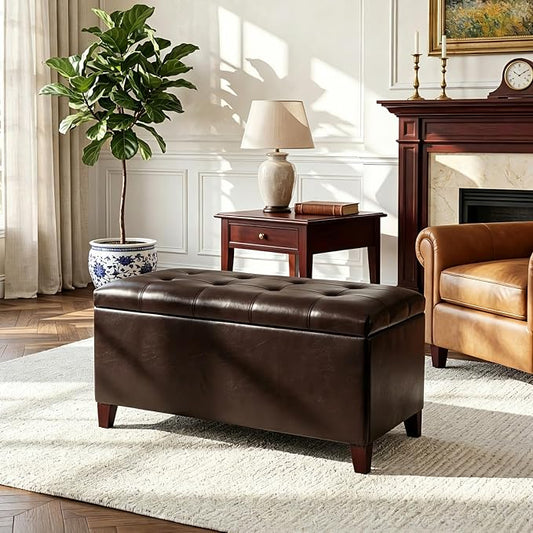 Joveco Storage Ottoman Bench, 33 Inches Faux Leather Rectangle Tufted Foot Stool for End Foot of Bed, Bedroom, Living Room, Brown