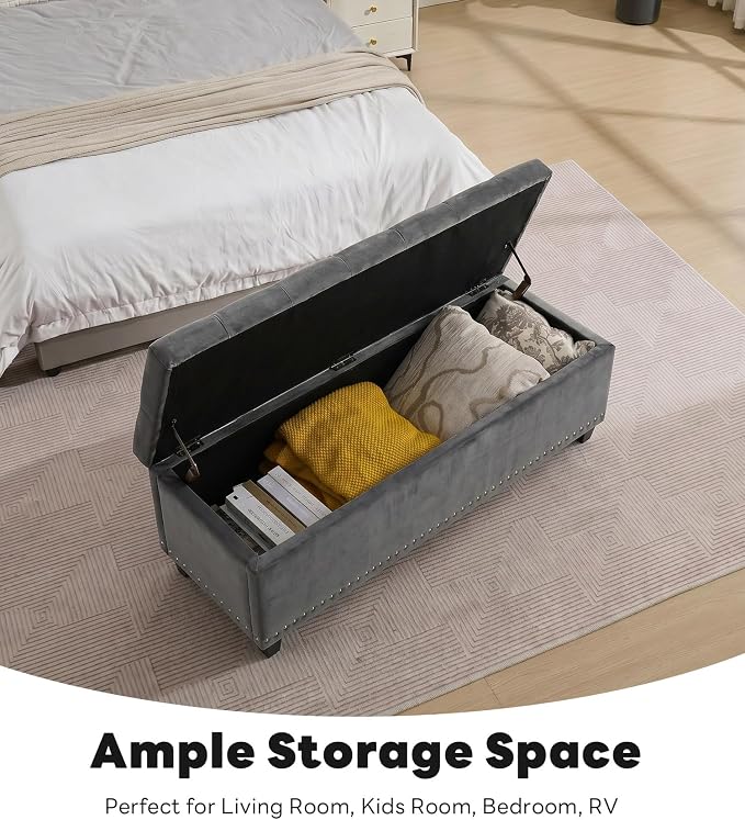 Tbfit 50.8" Large Storage Ottoman Bench with Button-Tufted Top, Blue PU Faux Leather End of Bed Chest with Safety Hinge and Rivets for Bedroom, Living Room (Gray-Velvet)
