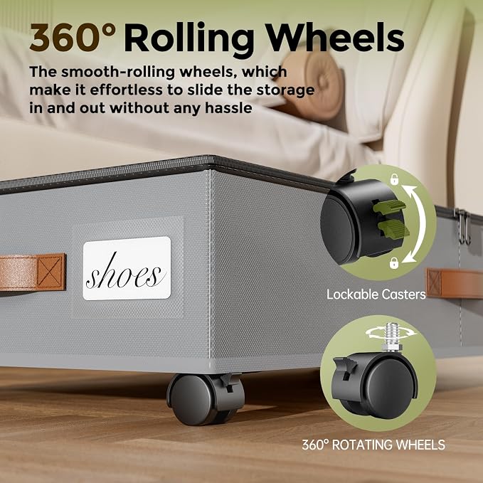 LAMU Under Bed Storage with Wheels, 2 Pack Under Bed Storage Containers with Clear Lids & Label, Rolling Under Bed Drawers for Clothes, Shoes, Blankets, Grey