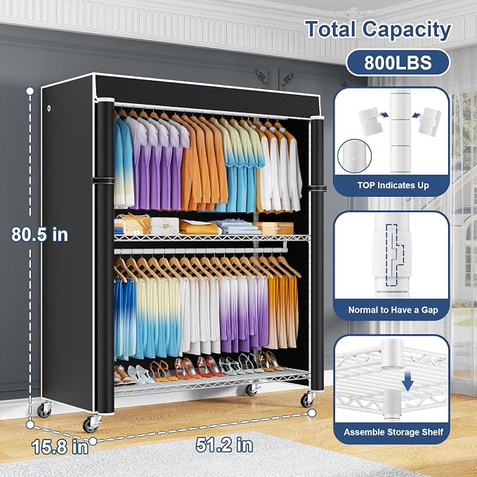 ULIFHOME P8C Max Heavy Duty Clothes Rack（With Extended Width Design） Rolling Clothing Racks for Hanging Clothes with Lockable Wheels，51.2"W x 15.8"D x 80.5"H，Load 800LBS，White Rack with Black Cover