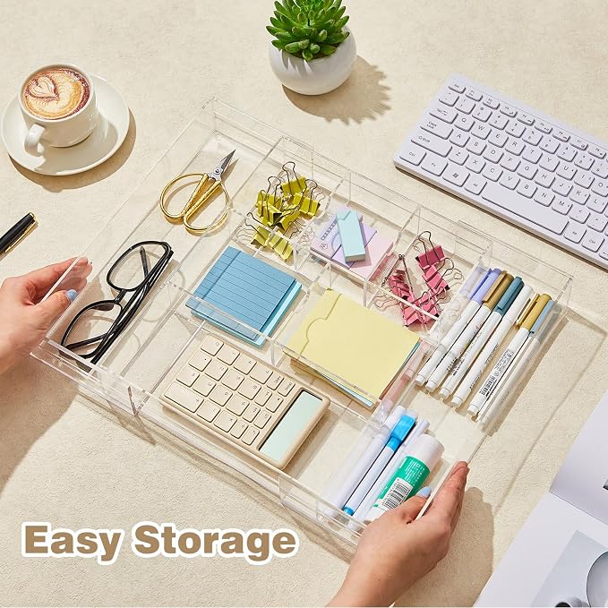Briwooody Clear Acrylic Drawer Organizer Expandable,8 Compartments,Large | 9'' up to 18'' x 12'' x 2.1'' Desk Drawer Organizer Trays Adjustable with Desk Accessories for Makeup Office Bathroom