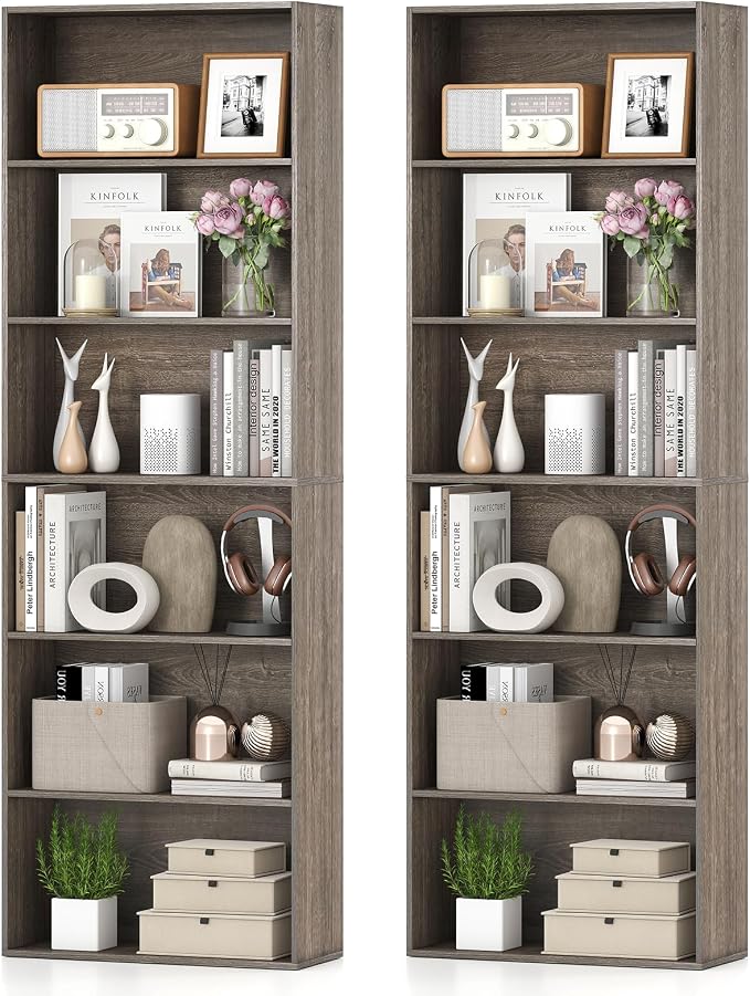 Giantex 6-Tier Bookcase Set of 2, 70" Tall Wooden Bookshelf, Freestanding Storage Organizer w/Open Shelves, Anti-Tipping Kits, Modern Floor Standing Display Shelves for Living Room,Grey