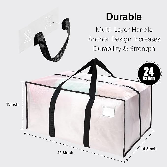 VELVETSURE 6 Pack Heavy Duty Large Moving Bags W/Backpack Straps - Strong Handles & Zippers, Storage Totes For Space Saving, Fold Flat, Alternative to Moving Box and Storage Bin, Semi-Transparent