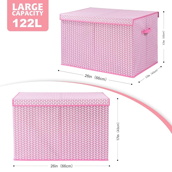 Mayniu Extra Large Toy Box Chest with Dividers, 120L Sturdy Toy Storage Organizer Bin Boxes Basket for Kids, Boys, Girls, Living Room, Nursery, Bedroom, Playroom (26"x17" x17", Pink)