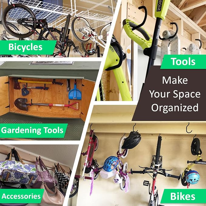 12 Pcs Heavy Duty Garage Bike Storage and Utility Hooks-5.7" & 4.5" | Vinyl coated, Anti slip, Stainless steel, Anti rust, Garage Wall, Ceiling Hooks for Hanging Bicycle, Hose, Cord, Garden Tools