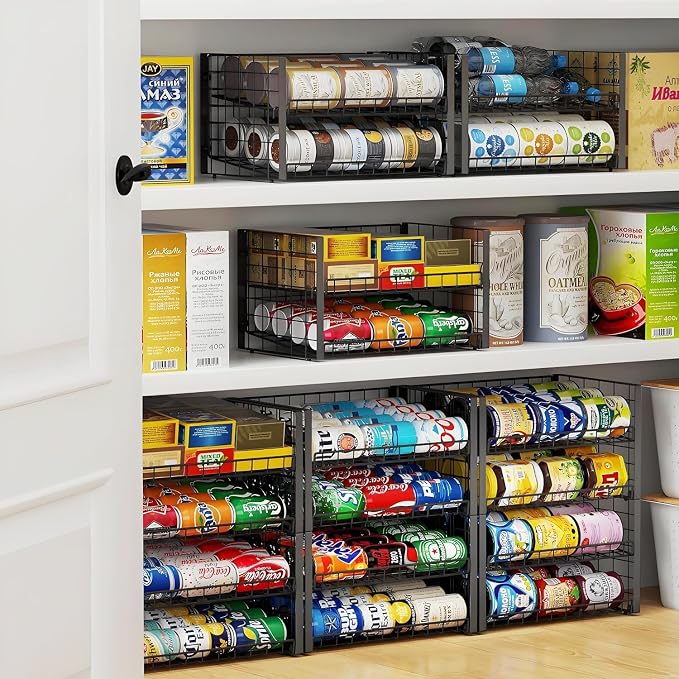 JKsmart 2-Tier Stackable Rack Organizer for Pantry, Adjustable Dispenser Holds Up to 88 Cans, Storage Holder for Various Ounces of Canned Drinks, Black, 3 Pack