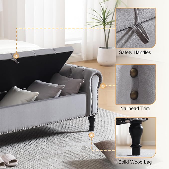 Velvet Storage Bench 67 Inch Upholstered Tufted Ottoman Bench with Arms King Size End of Bed Bench for Bedroom Living Room Entryway Light Grey