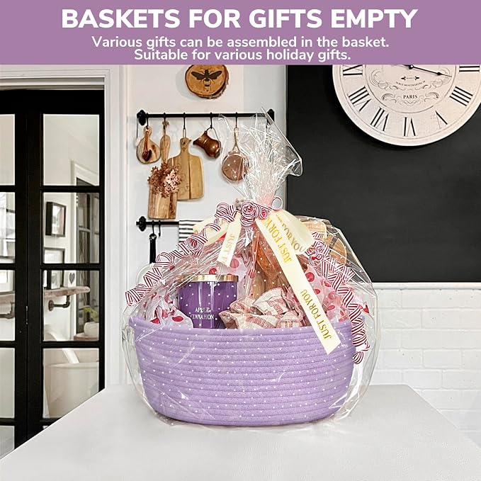 CHICVITA Gift Basket Empty with Bags & Ribbon for Baby Shower, Purple | 12"x 8"x 5" Woven Gift Basket Empty to Fill for Holiday, Rope Baskets for Organizing, Birthday Basket, Dog Toy Basket
