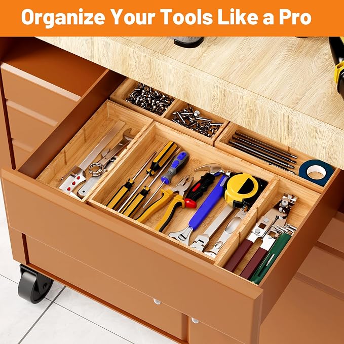 Bamboo Drawer Organizer, 10-Piece Stackable Trays with Removable Dividers | Junk drawer organizer, assorted tray sizes, 10-22 customizable compartments, nestable, kitchen utensils, bathroom, office