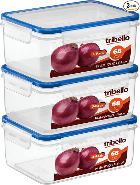 Tribello 68 oz Airtight Food Storage Containers with SnapTight Lids – Clear, Stackable, BPA-Free Meal Prep Containers for Kitchen, Freezer & Pantry – 3-Pack