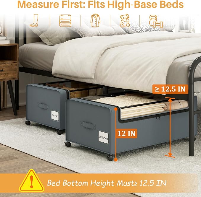 Webetop 12 Inch Under Bed Storage Containers, Rolling Organizer 2 Pack Grey | Transparent Cover, Reinforced Steel Frame, Smooth-Rolling Wheels, Easy Access, Seasonal Item Storage, Space Efficient